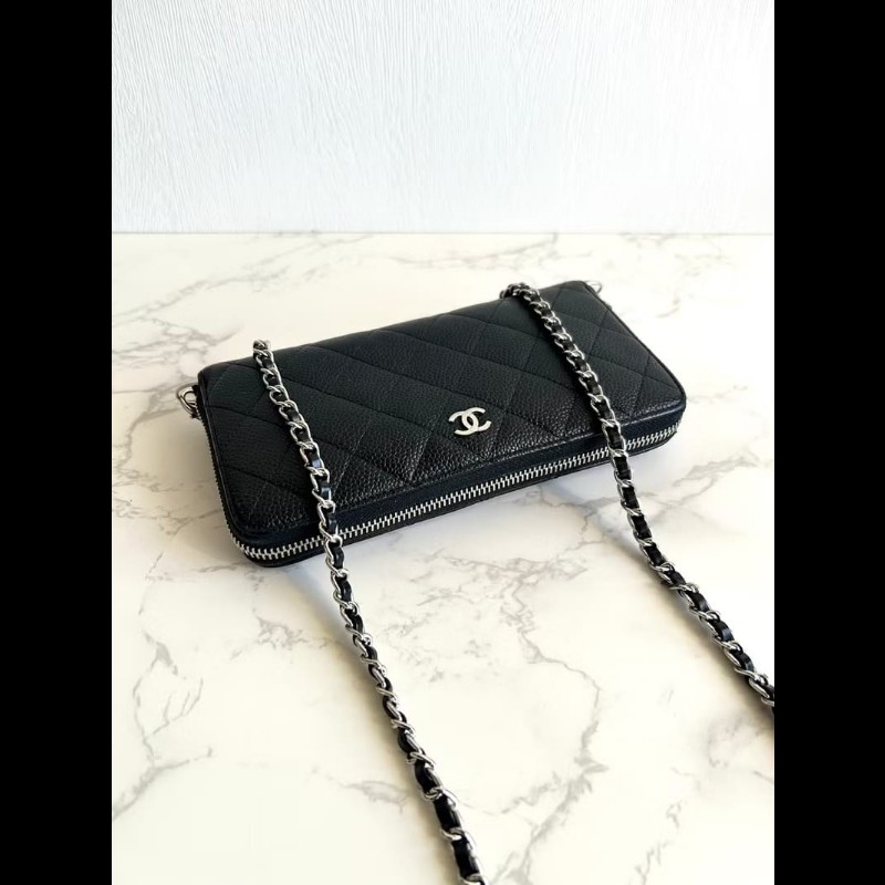 【LA LUNE】中古包 Chanel黑銀色魚子醬WOC 側背包 斜背包 皮夾 錢包 單肩包-1