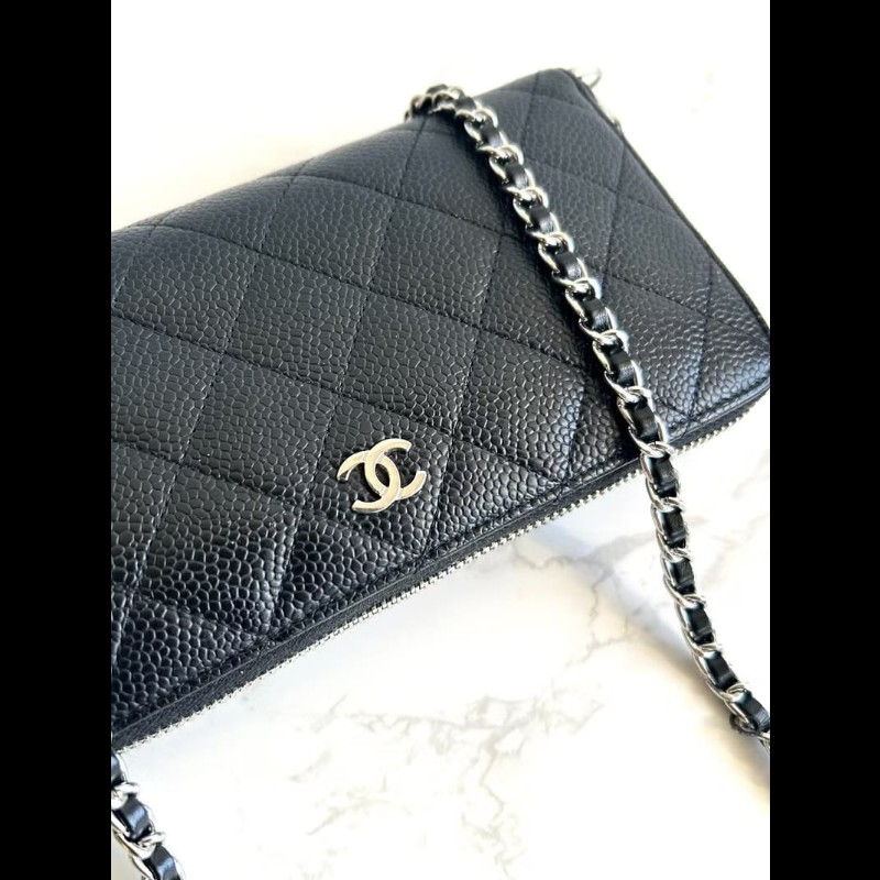 【LA LUNE】中古包 Chanel黑銀色魚子醬WOC 側背包 斜背包 皮夾 錢包 單肩包-2