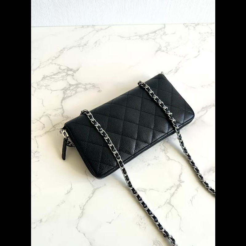 【LA LUNE】中古包 Chanel黑銀色魚子醬WOC 側背包 斜背包 皮夾 錢包 單肩包-3