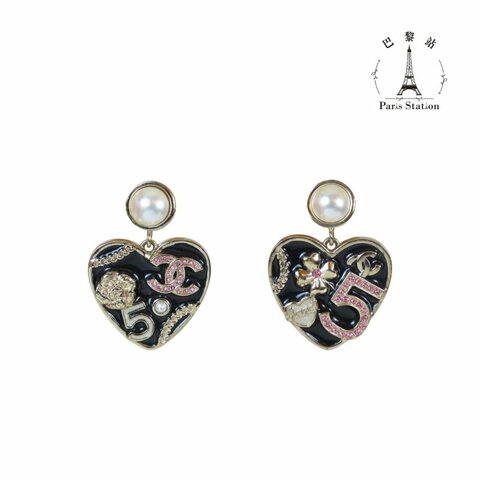 【巴黎站二手名牌專賣店】＊現貨＊CHANEL 香奈兒 真品＊ABD341珍珠黑愛心吊墜針式耳環