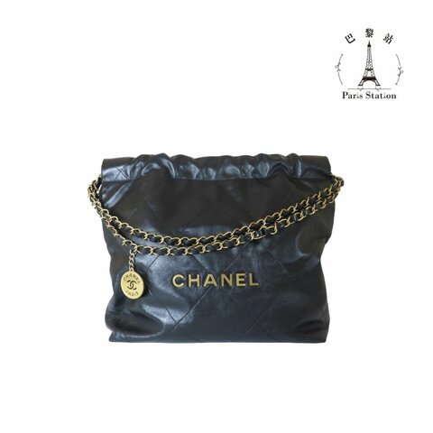 【巴黎站二手名牌專賣店】＊現貨＊CHANEL 香奈兒 真品＊AS3260黑色皮革菱格紋金雙C 22BAG金鏈兩用斜背包(小)