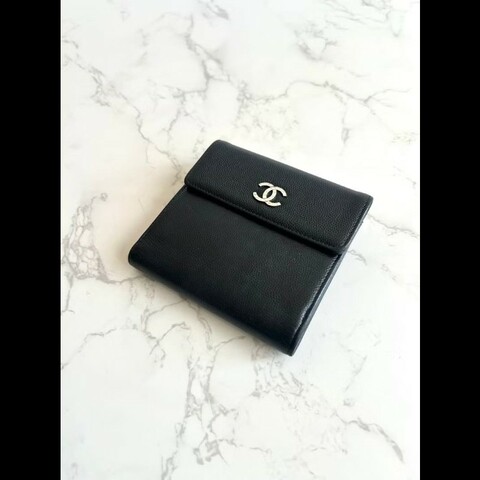 【LA LUNE】中古包 Chanel黑色雕刻銀扣魚子醬短夾 皮夾 錢包 二手包 古董包