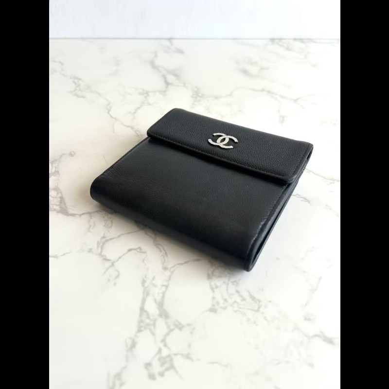 【LA LUNE】中古包 Chanel黑色雕刻銀扣魚子醬短夾 皮夾 錢包 二手包 古董包-7