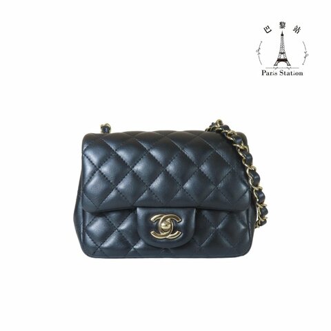 【巴黎站二手名牌專賣店】＊現貨＊CHANEL香奈兒真品＊A35200黑色羊皮菱格紋淡金雙C方胖子斜背鍊包 口蓋包