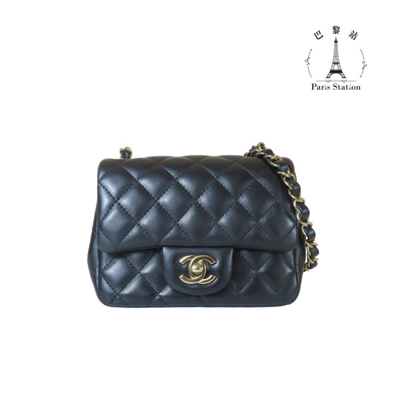 【巴黎站二手名牌專賣店】＊現貨＊CHANEL香奈兒真品＊A35200黑色羊皮菱格紋淡金雙C方胖子斜背鍊包 口蓋包-0