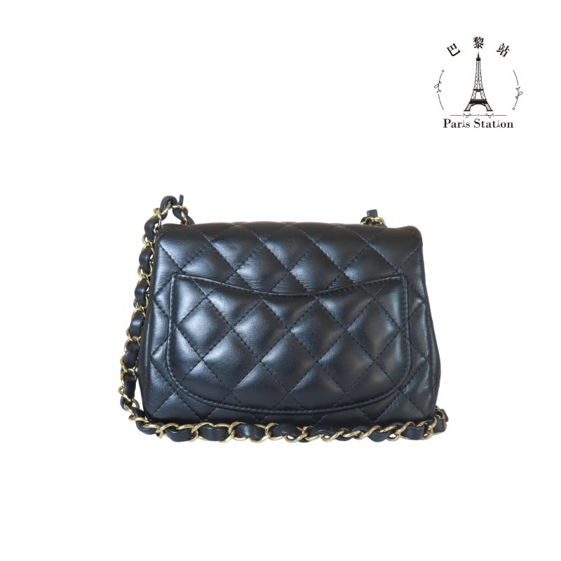 【巴黎站二手名牌專賣店】＊現貨＊CHANEL香奈兒真品＊A35200黑色羊皮菱格紋淡金雙C方胖子斜背鍊包 口蓋包-1