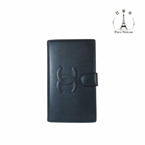 【巴黎站二手名牌專賣店】＊現貨＊CHANEL香奈兒真品＊黑色皮革大雙C釦式長夾