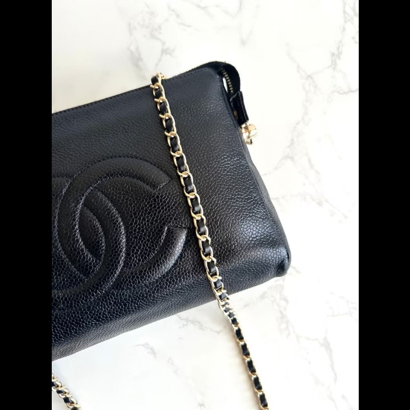 【LA LUNE】中古包Chanel黑色魚子醬皮革斜背包 單肩包 側背包 二手包 古董包-1