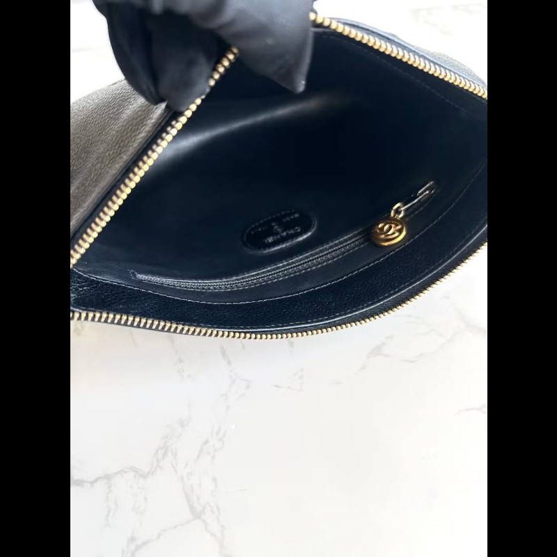 【LA LUNE】中古包Chanel黑色魚子醬皮革斜背包 單肩包 側背包 二手包 古董包-2