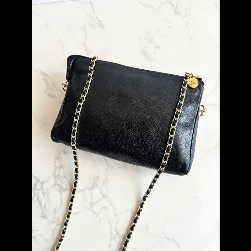 【LA LUNE】中古包Chanel黑色魚子醬皮革斜背包 單肩包 側背包 二手包 古董包-3