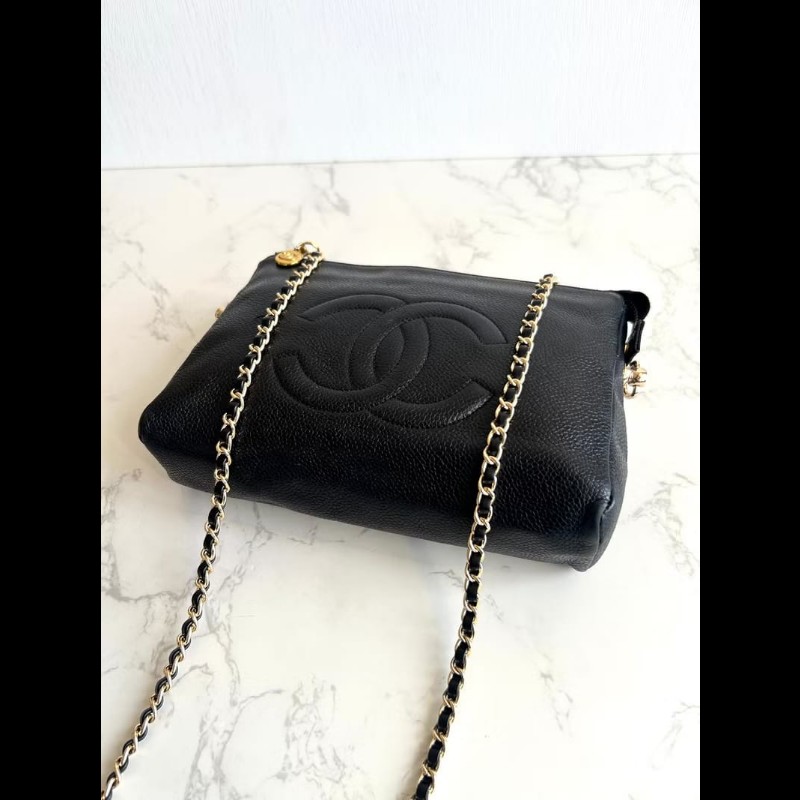 【LA LUNE】中古包Chanel黑色魚子醬皮革斜背包 單肩包 側背包 二手包 古董包-4