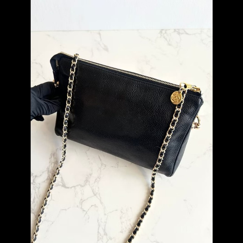 【LA LUNE】中古包Chanel黑色魚子醬皮革斜背包 單肩包 側背包 二手包 古董包-6