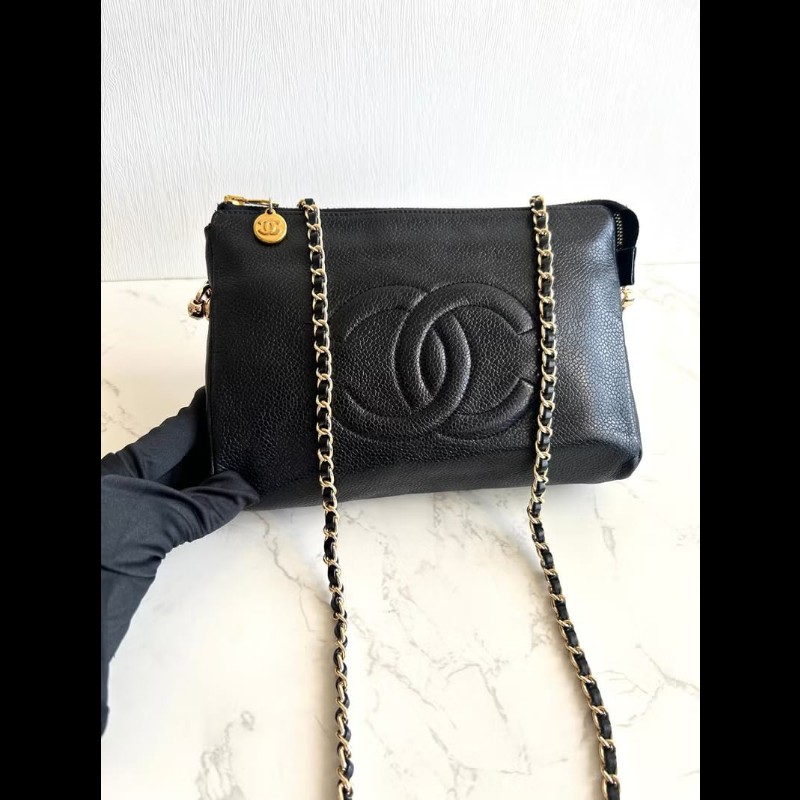 【LA LUNE】中古包Chanel黑色魚子醬皮革斜背包 單肩包 側背包 二手包 古董包-7