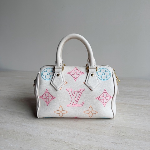 LV路易威登Speedy20奶白彩色刺繡枕頭包 底長20