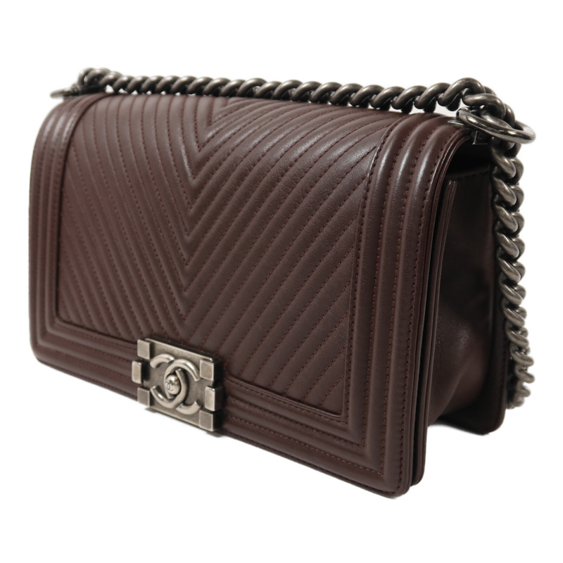 CHANEL 羊皮皮革Boy 25銀扣鏈帶肩背袋-2