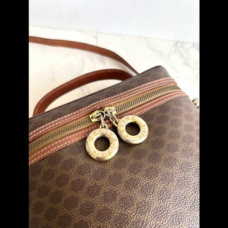 絕版古董包 Celine咖啡色老花甜甜圈盒子包 斜背包 側背包 單肩包-6