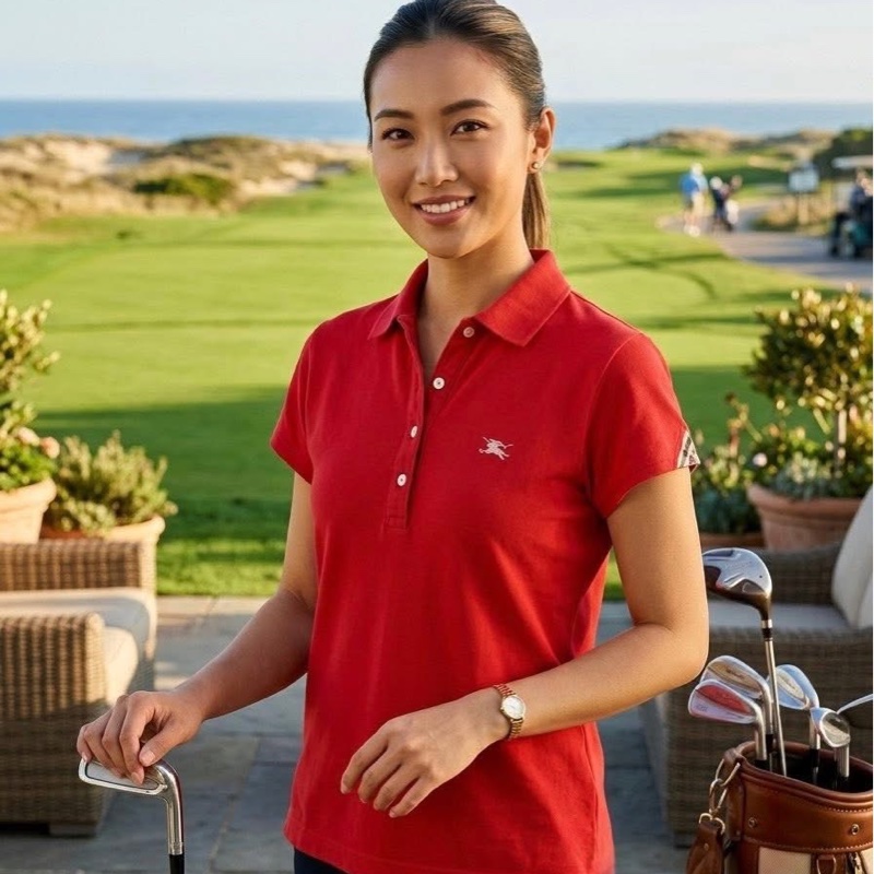 BURBERRY GOLF 肩格紋刺繡戰馬POLO上衣 紅色-0