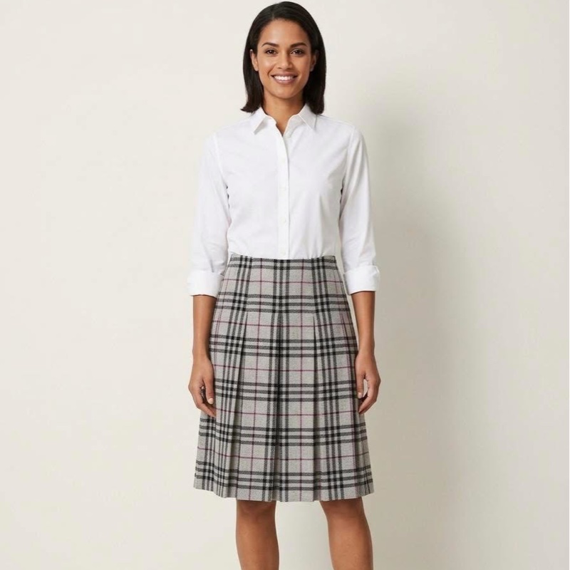 BURBERRY 倫敦 混羊駝格紋百褶毛料裙-0