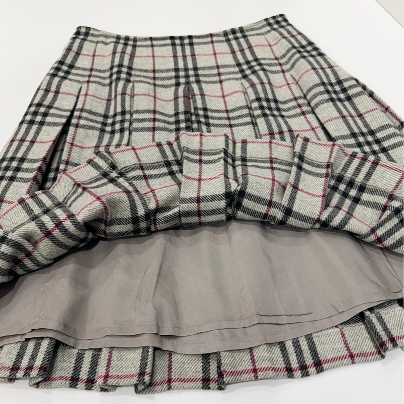 BURBERRY 倫敦 混羊駝格紋百褶毛料裙-7