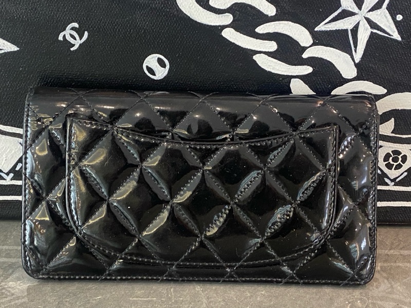 Chanel/香奈兒黑銀漆皮長款拉鍊錢包，19開 無附件-3