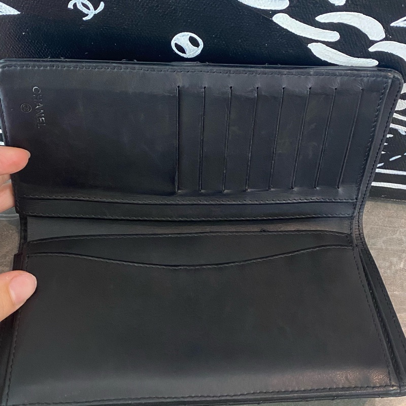 Chanel/香奈兒黑銀漆皮長款拉鍊錢包，19開 無附件-9
