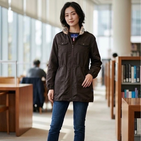 BURBERRY 藍標 束口連帽尼龍格紋口袋戰馬釦外套（帽可收）咖啡色