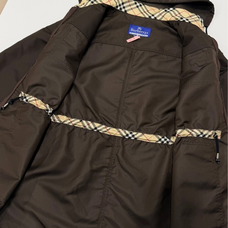 BURBERRY 藍標 束口連帽尼龍格紋口袋戰馬釦外套（帽可收）咖啡色-6