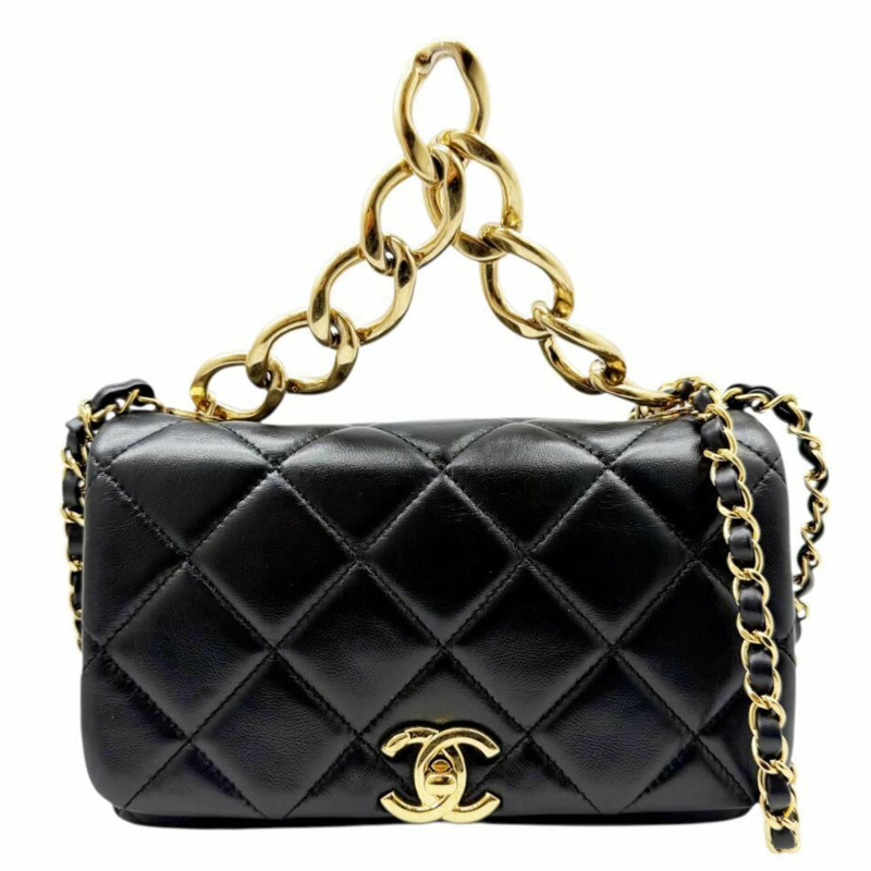 香奈兒迷你絎縫鏈條單肩羊皮黑色女士手提包-0