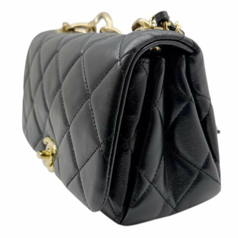 香奈兒迷你絎縫鏈條單肩羊皮黑色女士手提包-4