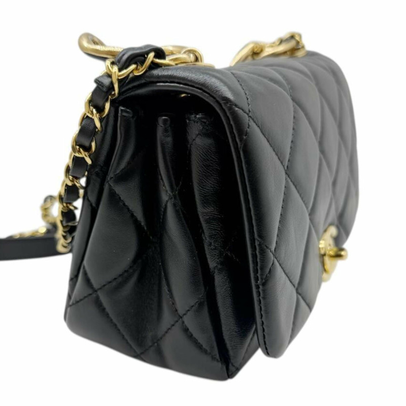 香奈兒迷你絎縫鏈條單肩羊皮黑色女士手提包-5