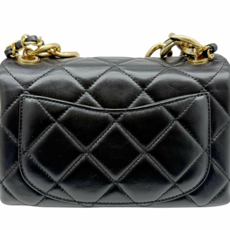 香奈兒迷你絎縫鏈條單肩羊皮黑色女士手提包-6