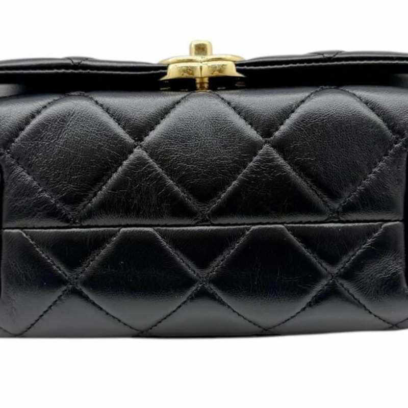 香奈兒迷你絎縫鏈條單肩羊皮黑色女士手提包-7