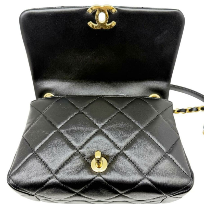 香奈兒迷你絎縫鏈條單肩羊皮黑色女士手提包-8