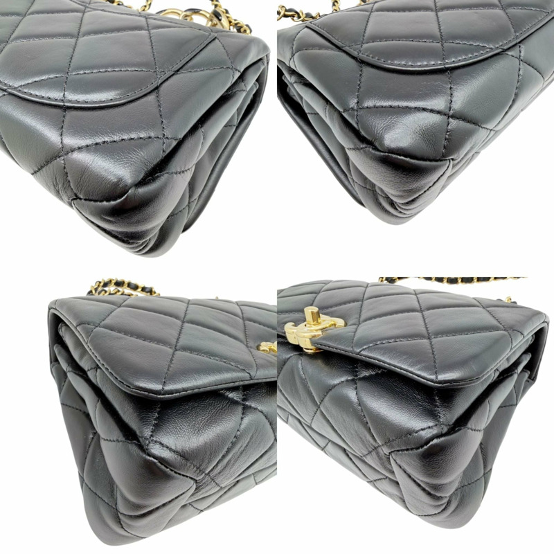 香奈兒迷你絎縫鏈條單肩羊皮黑色女士手提包-9