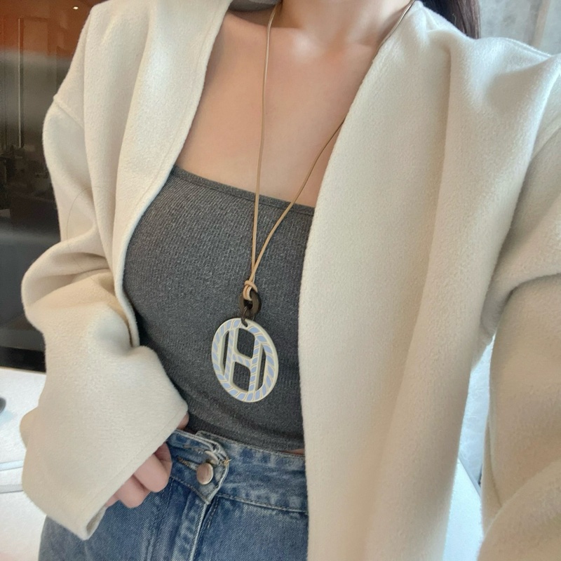 Hermes 愛馬仕 H Equipe 水牛角圓形項鍊/藍灰色/98新美品-2