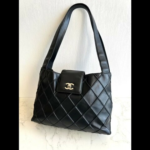 【LA LUNE】絕版中古包 Chanel黑銀旋轉扣華夫餅凱莉包 單肩包 側背包 二手包 古著包