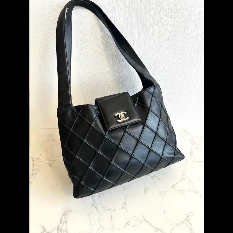 【LA LUNE】絕版中古包 Chanel黑銀旋轉扣華夫餅凱莉包 單肩包 側背包 二手包 古著包-1