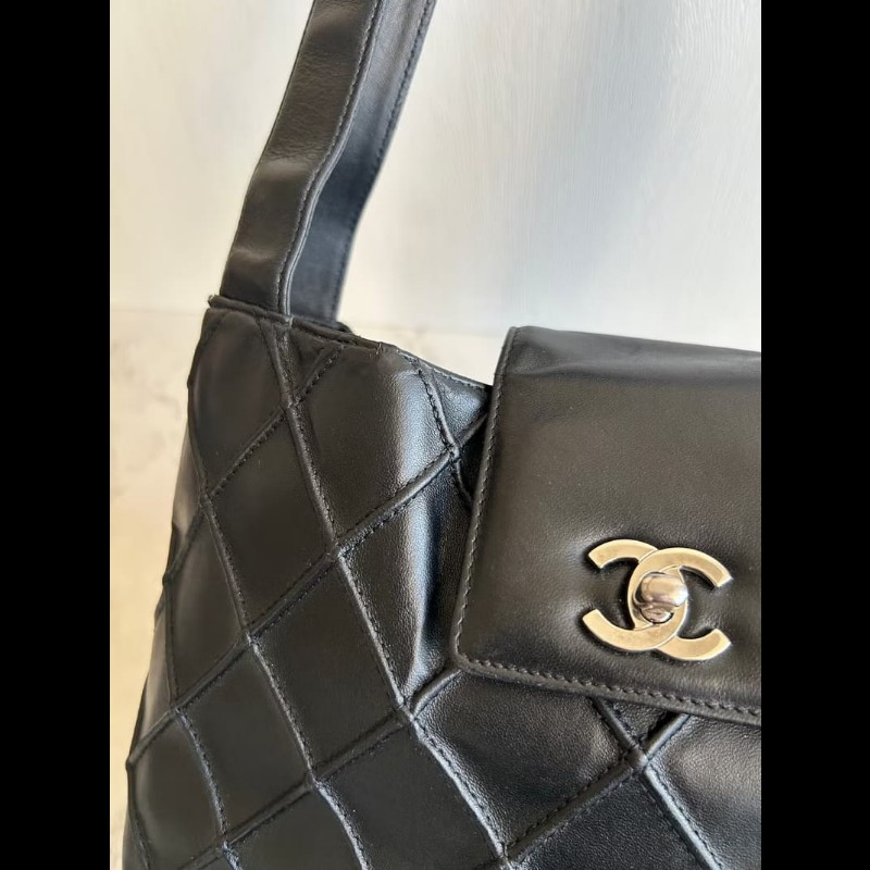 【LA LUNE】絕版中古包 Chanel黑銀旋轉扣華夫餅凱莉包 單肩包 側背包 二手包 古著包-8