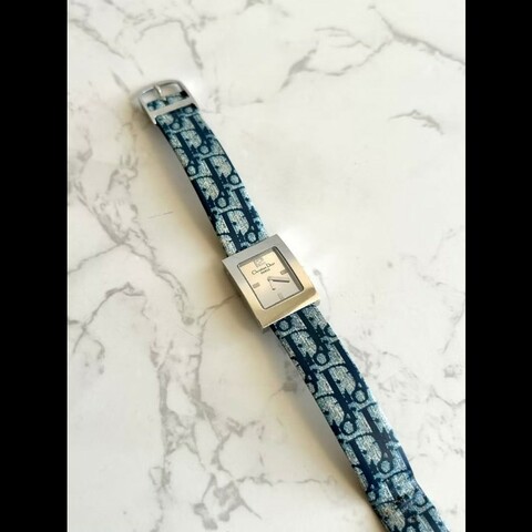 【LA LUNE】Dior藍白老花小方糖手錶 古董錶 二手女裝腕錶 中古錶