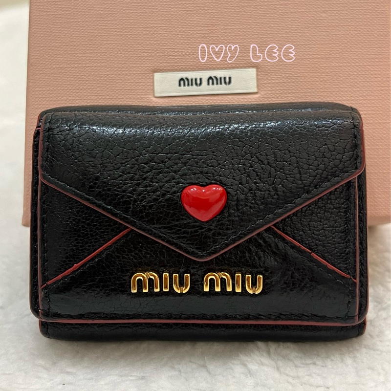 Miu Miu Madras Love 三折短夾 黑 造型紅愛心 正品 二手精品-1