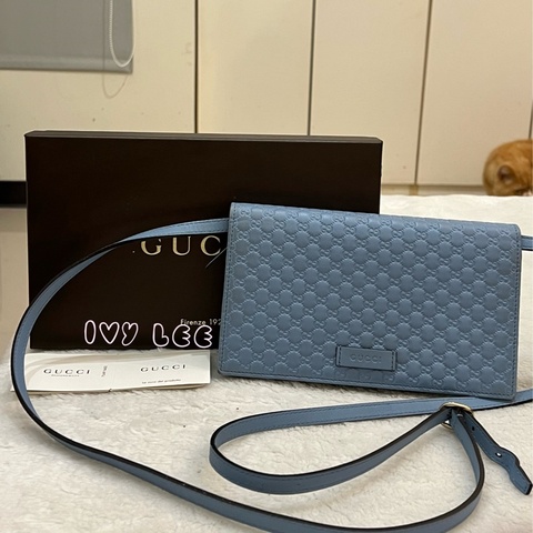 GUCCI 古馳 466507 經典Guccissima系列雙G壓紋LOGO牛皮肩背 水藍 斜背包 正品 二手精品