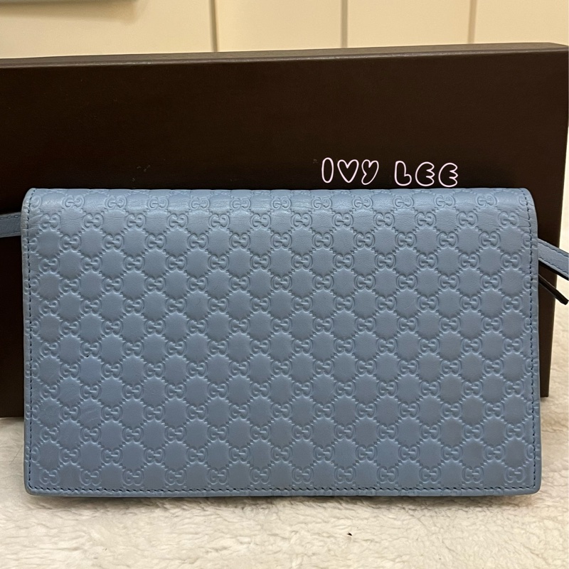 GUCCI 古馳 466507 經典Guccissima系列雙G壓紋LOGO牛皮肩背 水藍 斜背包 正品 二手精品-1