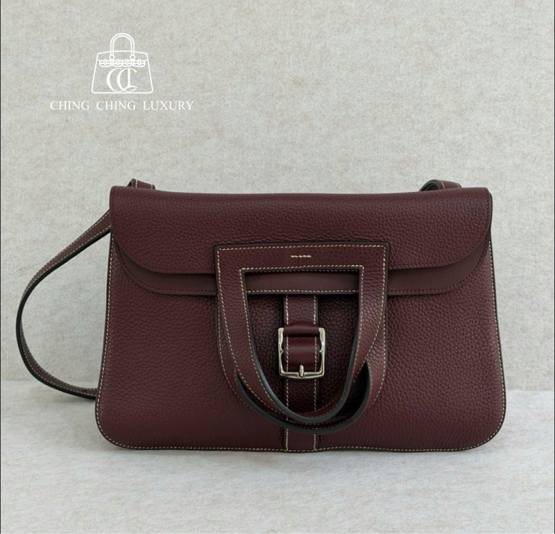 🌈Hermes❤️Halzan 31❤️波爾多酒紅銀扣🌟98新🌈TC皮🌟halzan31🌟halzan🌟愛馬仕🌟-0
