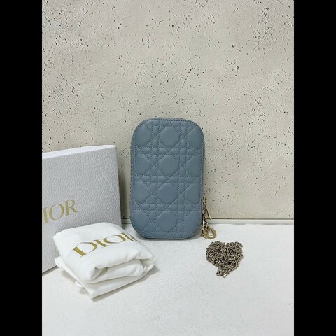 Dior 雾霾藍藤格紋羊皮鏈條手機包