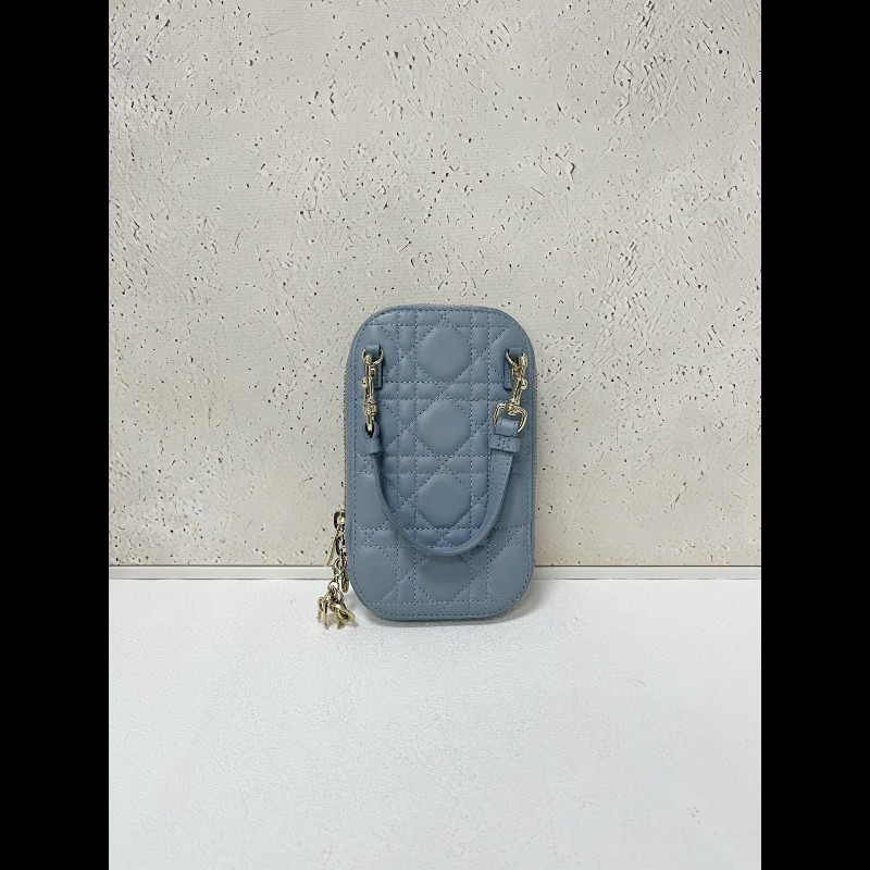 Dior 雾霾藍藤格紋羊皮鏈條手機包-1