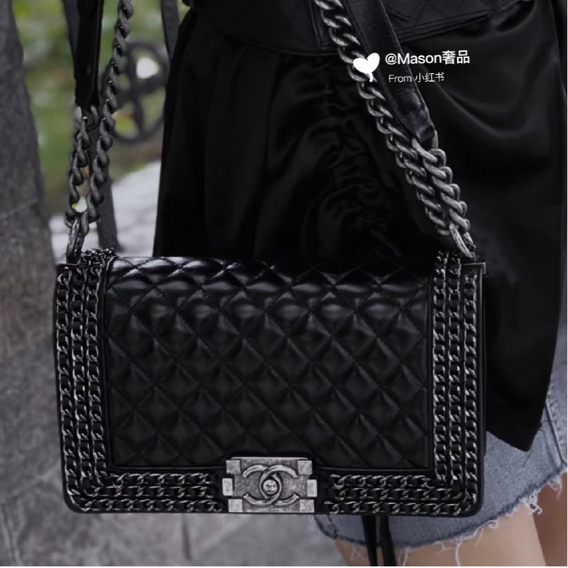 限量款超低價😍Chanel香奈兒黑銀滾邊鏈條牛皮leboy單肩斜挎包-1