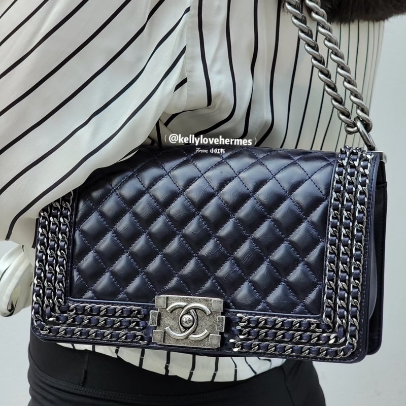 限量款超低價😍Chanel香奈兒黑銀滾邊鏈條牛皮leboy單肩斜挎包-2