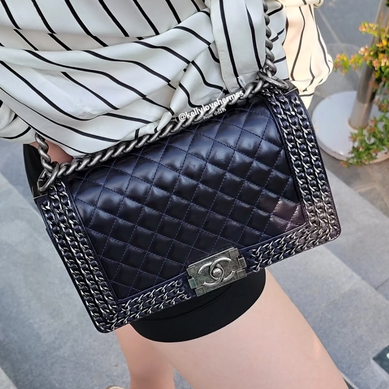 限量款超低價😍Chanel香奈兒黑銀滾邊鏈條牛皮leboy單肩斜挎包-4