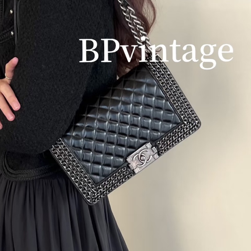 限量款超低價😍Chanel香奈兒黑銀滾邊鏈條牛皮leboy單肩斜挎包-5