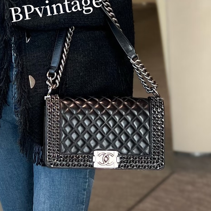 限量款超低價😍Chanel香奈兒黑銀滾邊鏈條牛皮leboy單肩斜挎包-6